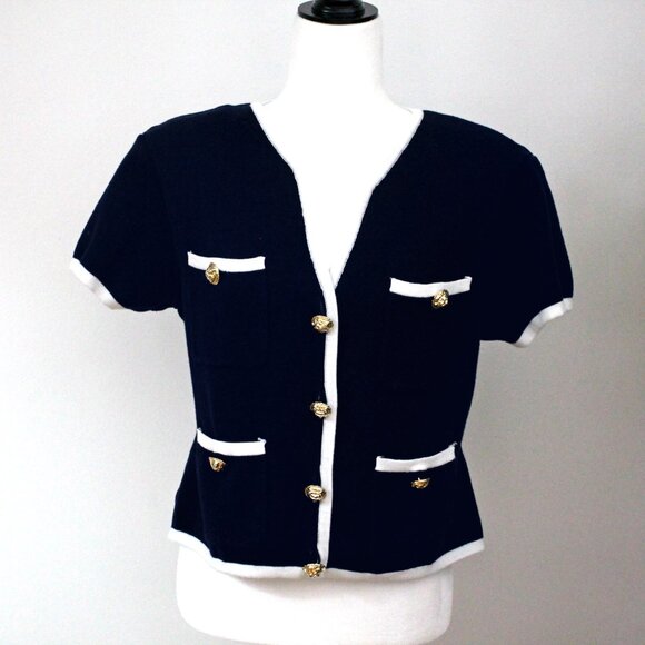 PORTS Navy Blue Cardigan Short Sleeve 100% Cotton Sweater Gold Button Size M - Picture 1 of 7